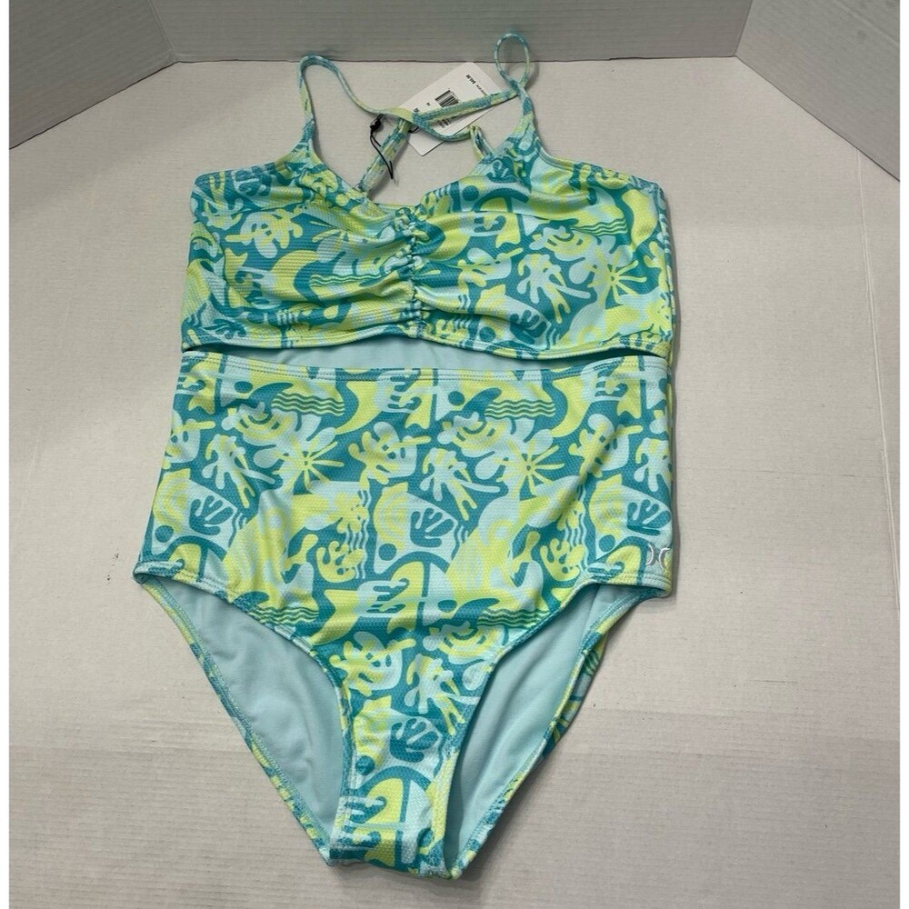 Hurley UPF Cutout One-Piece Swimsuit Turquoise Waves Size 16 New With Tag